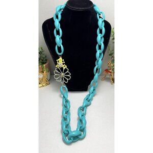 Turquoise Acrylic Link Necklace With Enamel Frog Charm Statement Piece
